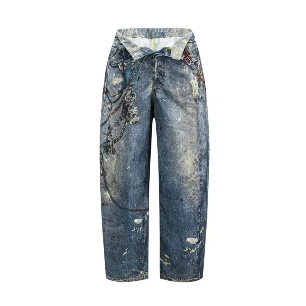 Micas Printed Distressed Denim Effect Wide Leg Trousers 0XL NWT Streetwear